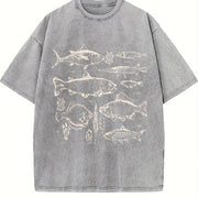 White Landscape Line Art Vintage Washed T-Shirt in Gray