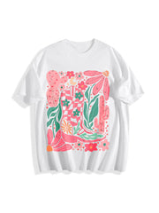 Boho Floral Cowboy Boots Cotton T-Shirt in White