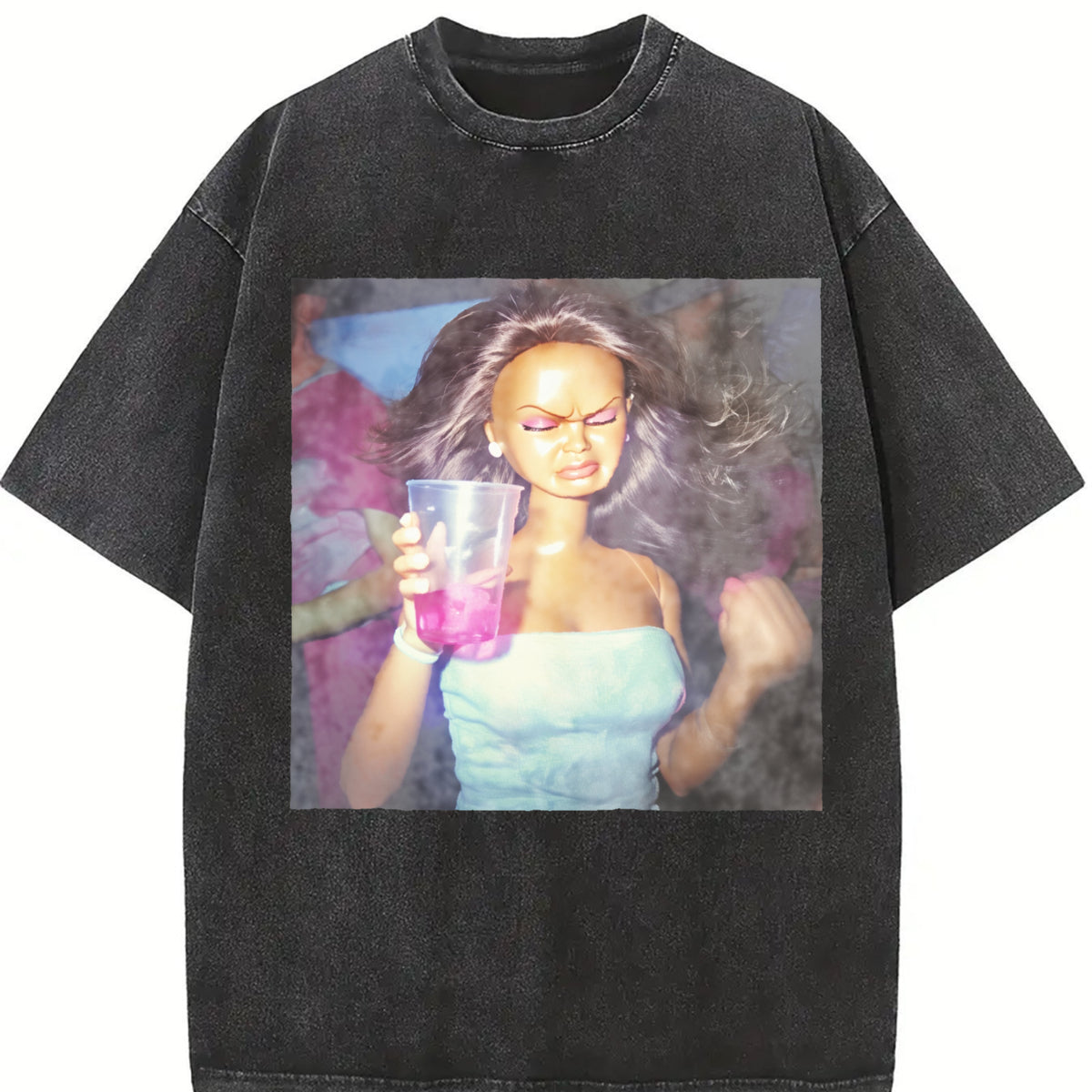 Drinking Party Doll Vintage Washed T-Shirt in Black