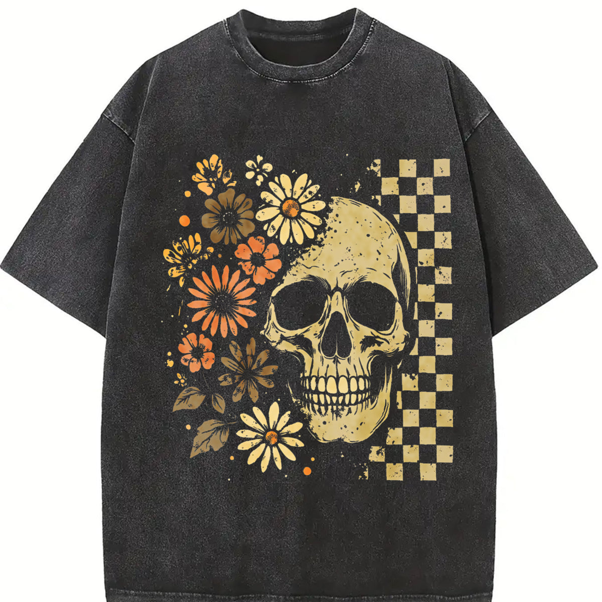 Boho Skull Retro Boho Summerween Vintage Washed T-Shirt in Black