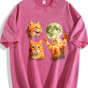 Orange Tabby Moon Retro Cute Cat Vintage Washed T-Shirt in Red