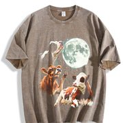 Cow Howling at Moon 90s Vintage Washed T-Shirt in Brown