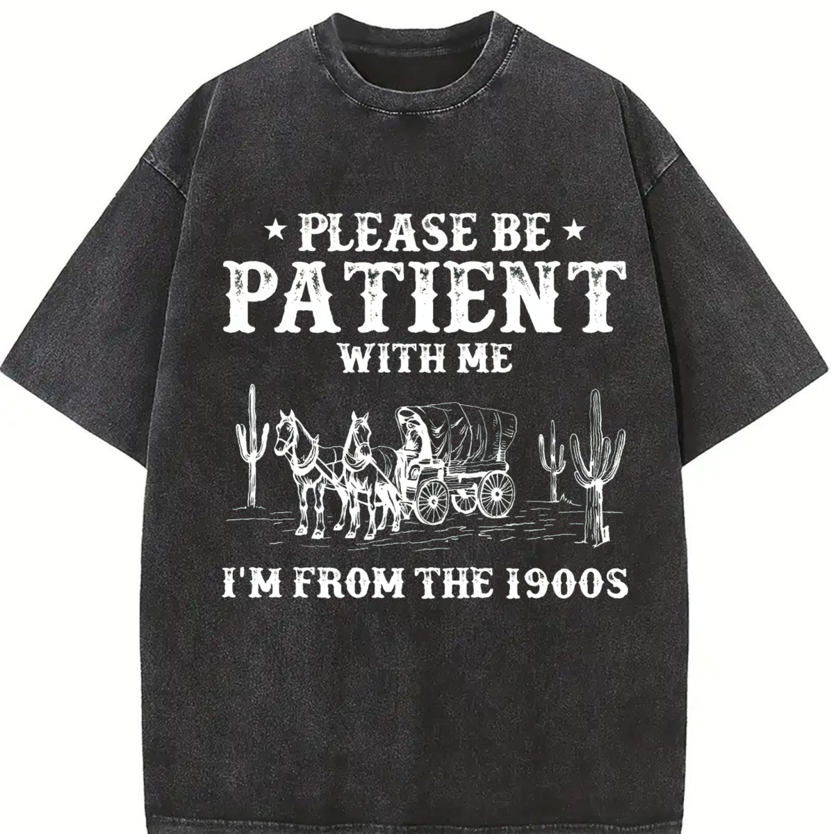 European and American Letter Vintage Washed T-Shirt in Black
