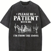 European and American Letter Vintage Washed T-Shirt in Black