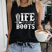 Life Is Better in Boots Women's Color Cotton Tank Top in Black