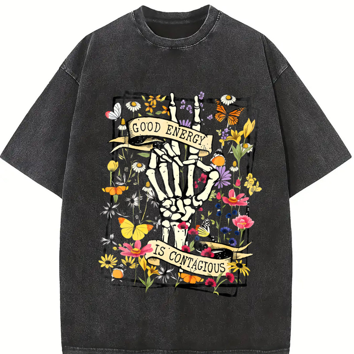 GOOD ENERGY IS CONTAGIOUS Retro Distressed Double-Sided vintage washed oversized T-shirt in Black