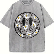 Daisy Floral Happy Face Vintage Washed T-Shirt in Gray