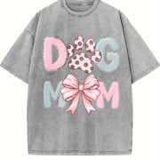 Dog Mom Paw Print Bow Vintage Washed T-Shirt in Gray