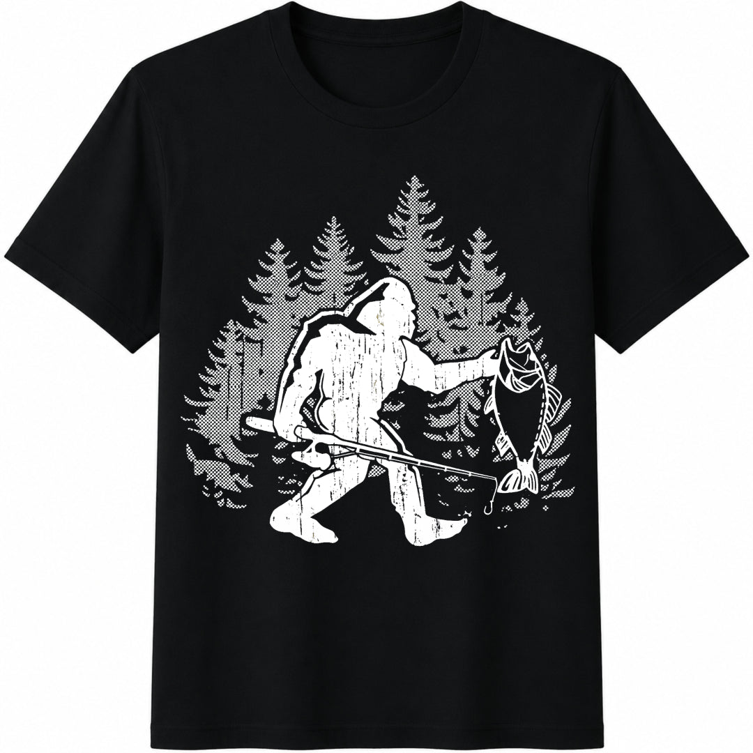 Bigfoot Fishing Sasquatch Fisherman Cotton T-Shirt in Black
