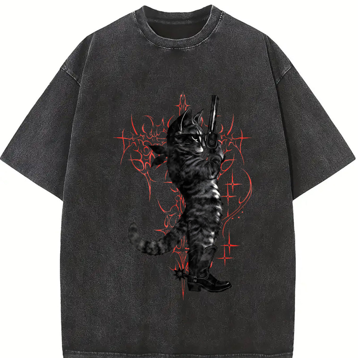Cowboy Cat Neo-tribal Vintage Washed T-Shirt in Black