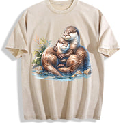 Two River Otters Cuddling Wilderness 90s Vintage Washed T-Shirt in Beige