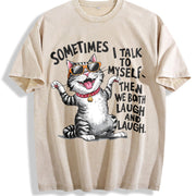 Cat Fashionable Elegant Vintage Washed T-Shirt in Beige