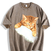 Sleeping Kitten Cat Lover Vintage Washed T-Shirt in Brown