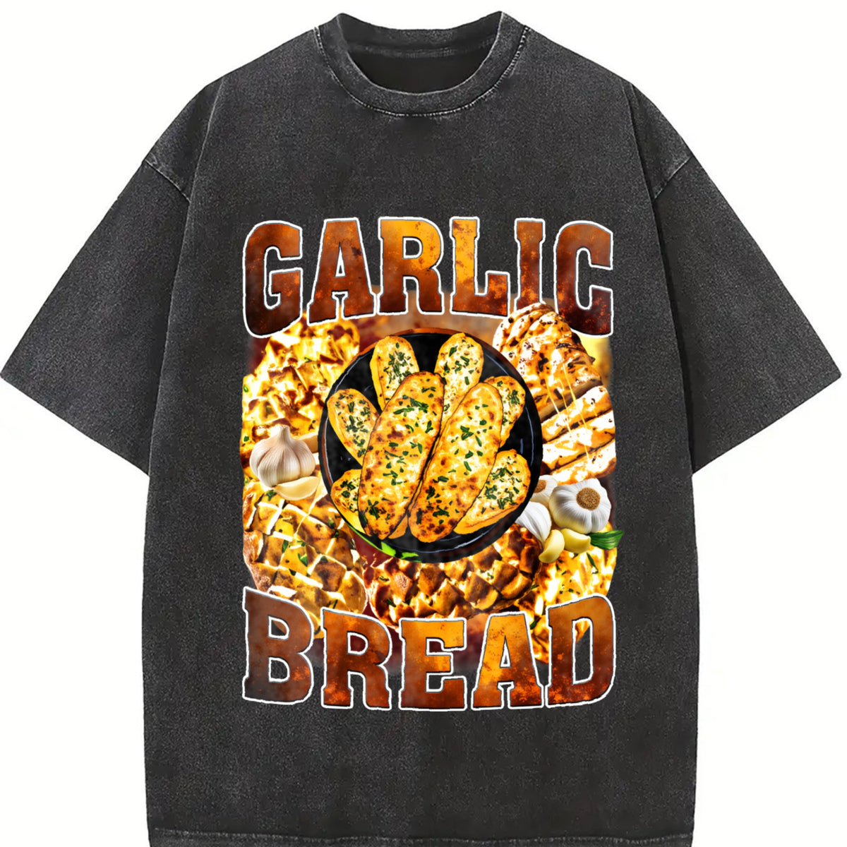 Garlic Bread Food Lover Vintage Washed T-Shirt in Black