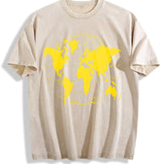 Yellow World Map Vintage Washed T-Shirt in Beige
