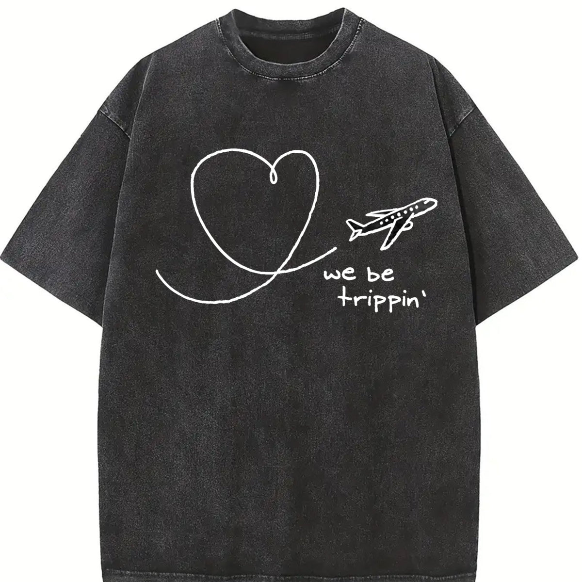 We Be Trippin Airplane Heart Vintage Washed T-Shirt in Black