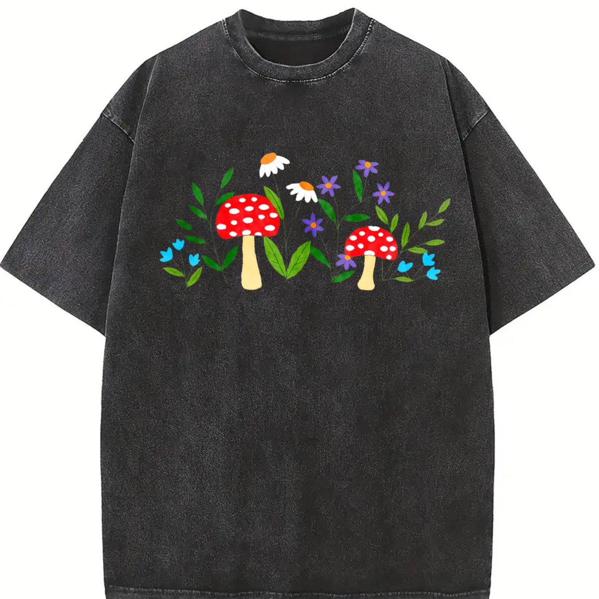Mushroom Floral Garden Fairy Embroidered Vintage Washed T-Shirt in Black