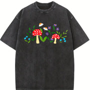 Mushroom Floral Garden Fairy Embroidered Vintage Washed T-Shirt in Black