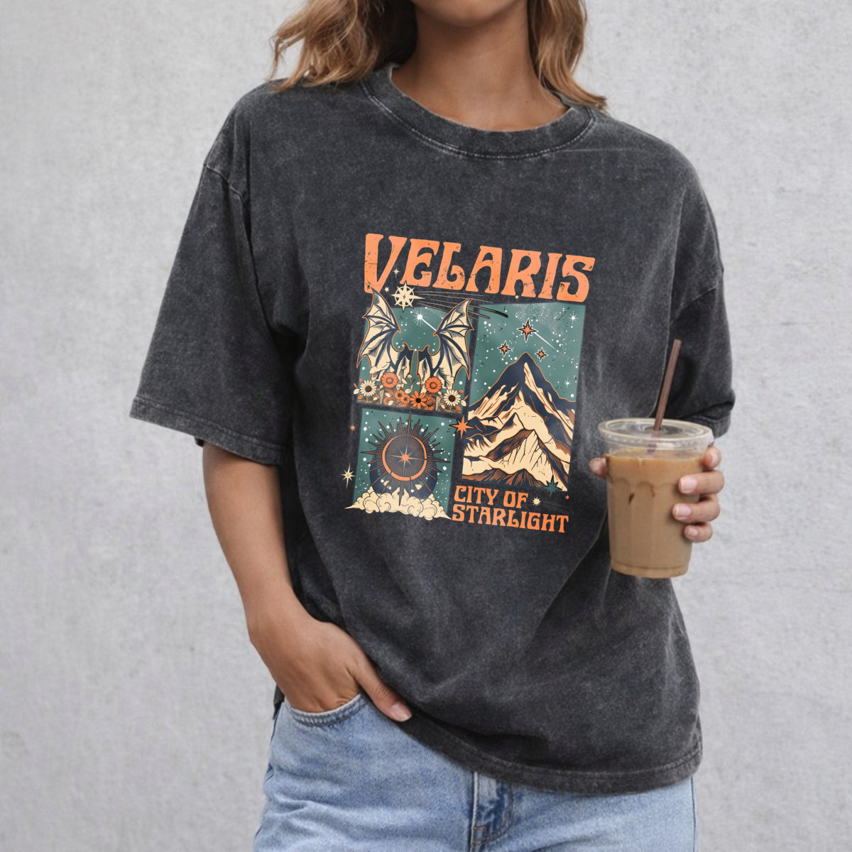 Velaris City of Starlight Acotar vintage washed oversized T-shirt in Black