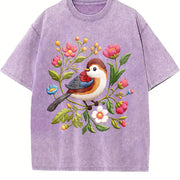 Embroidered- Bird & Floral Vintage Washed T-Shirt in Purple