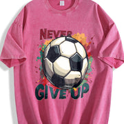 Never Give Up Soccer Vintage Washed T-Shirt in Red