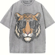 Tigers with Game Day Glasses Game Day Mascot Vintage Washed T-Shirt in Gray