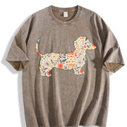 Floral Dachshund Wiener Dog Vintage Washed T-Shirt in Brown