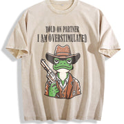 Hold on Partner I'm Overstimulated Vintage Washed T-Shirt in Beige