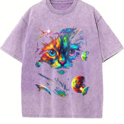 Cat Galaxy 90s ® Retro Mystical Cat Faded Vintage Washed T-Shirt in Purple