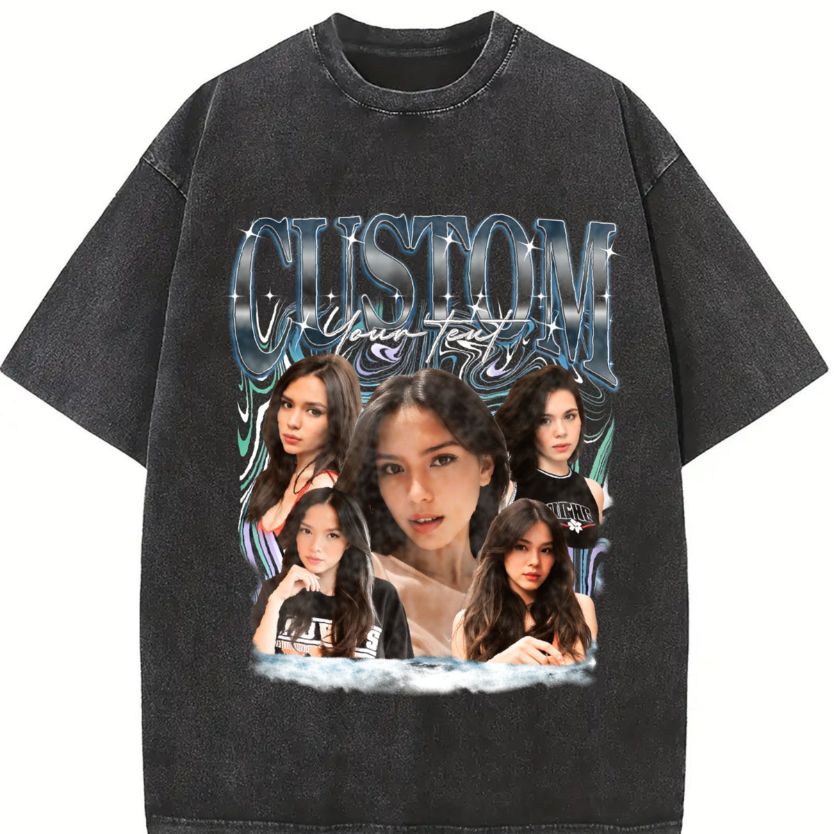 Custom Photo Bootleg Girlfriend 6 Face 90s Retro vintage washed oversized T-shirt in Black