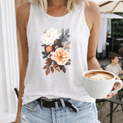 Floral Rose Crew-neck Sleeveless Vest Outdoor Women's Color Cotton Tank Top in White