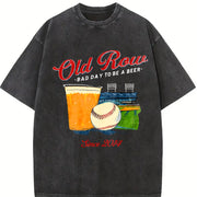 ZestLoop Baseball Beer Sports Printing Vintage Washed T-Shirt in Black