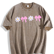 Daisy Bow Embroidered Vintage Washed T-Shirt in Brown