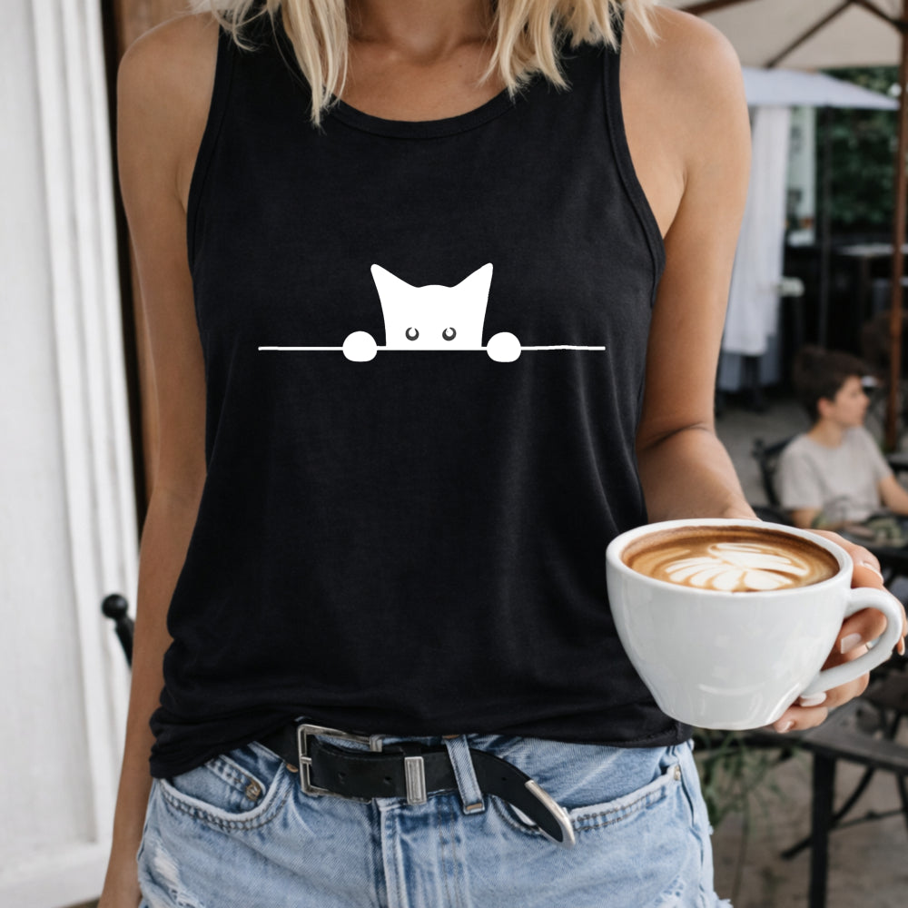 Cat Peeking Over Line Crew-neck Sleeveless Vest Outdoor Women's Color Cotton Tank Top in Black