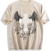 Gothic Lover + Ornate Angel Wing Cross + Sand- Feel + + Vintage Washed T-Shirt in Beige