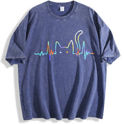 Heartbeat Cat Lover Animal Silhouette Cute Cat vintage washed oversized T-shirt in Blue