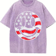 American Flag Smile Fourth of July Vintage Washed T-Shirt in Purple