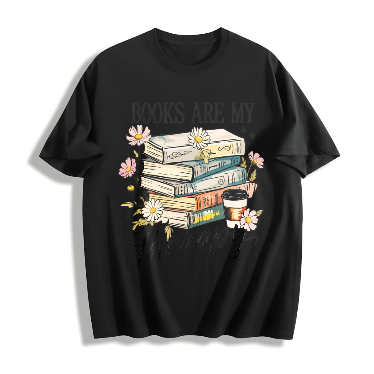 Retro Floral Book Lover Cotton T-Shirt in Black