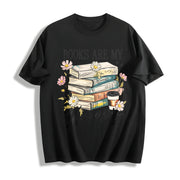 Retro Floral Book Lover Cotton T-Shirt in Black