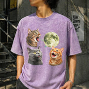 Three Cats Retro Moon Vintage Washed T-Shirt in Purple