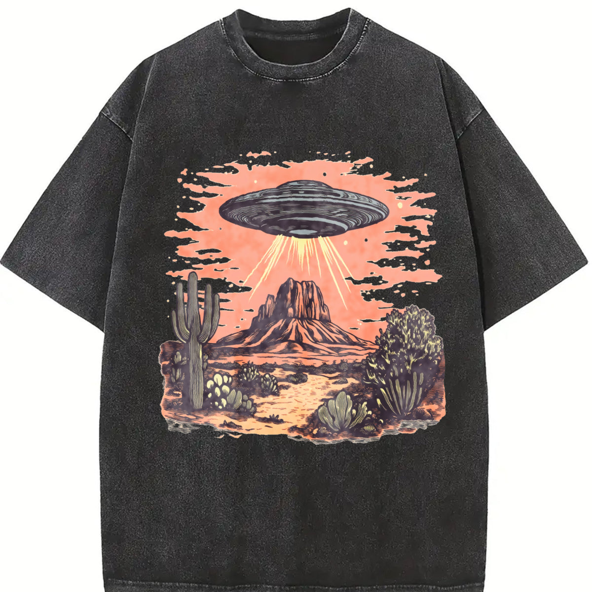 Retro UFO in Dessert Y2k Vintage Washed T-Shirt in Black
