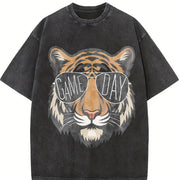 Tigers with Game Day Glasses Game Day Mascot Vintage Washed T-Shirt in Black