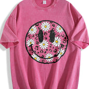 Daisy Floral Happy Face Vintage Washed T-Shirt in Red