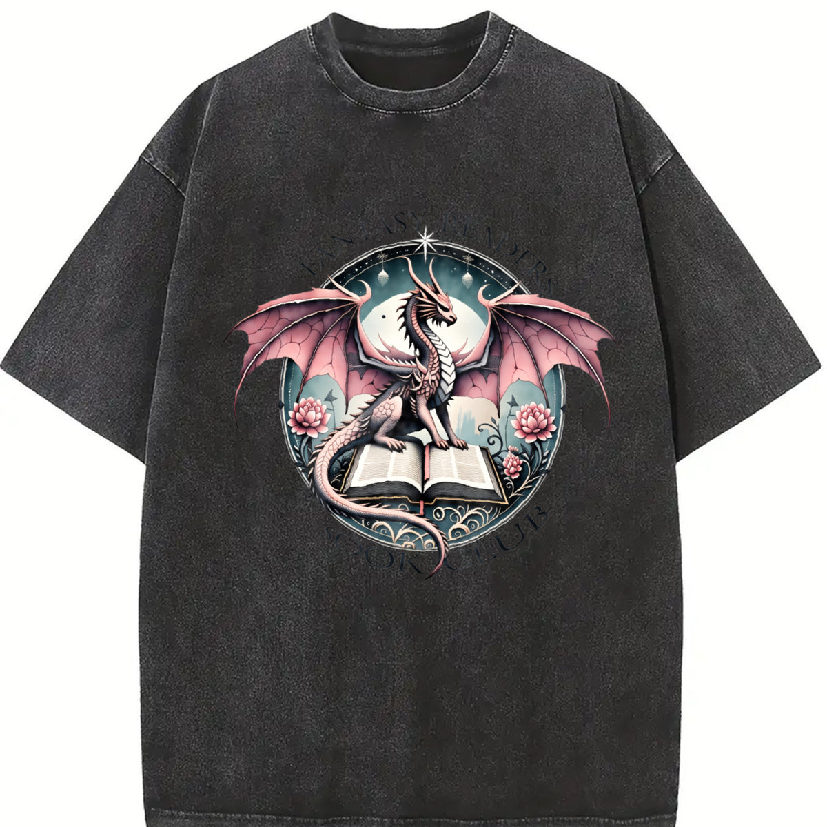 Fantasy Readers Book Club Dragon Vintage Washed T-Shirt in Black