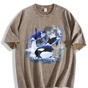 Three Orcas 90s Sea Animal Moon Midnight Vintage Washed T-Shirt in Brown