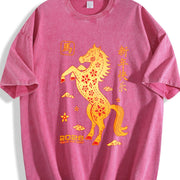 Winter Golden Paper Cut Horse with Red Floral Vintage Washed T-Shirt in Red