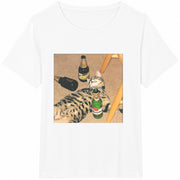 Cat with Drinks Cozy Humor Cotton T-Shirt in White