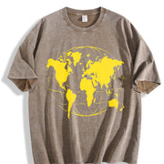 Yellow World Map Vintage Washed T-Shirt in Brown