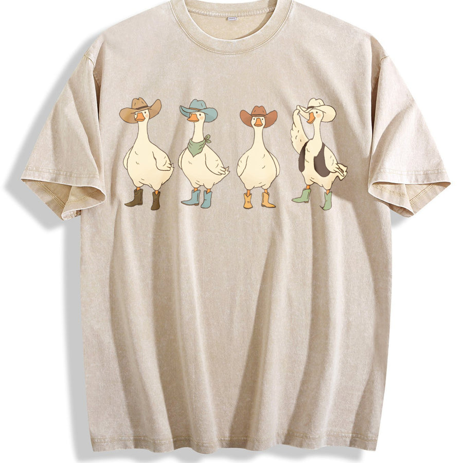 Western Goose Cowboy Hat Wild West Animal vintage washed oversized T-shirt in Beige