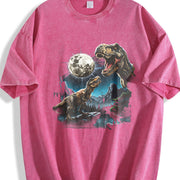 T Rex Moon Retro Dinosaur Prehistoric Vintage Washed T-Shirt in Red
